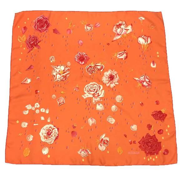 HERMES Hermes Scarf Muffler Carre 90 La Rosse Dew Rose Flower Silk Orange - Picture 1 of 3